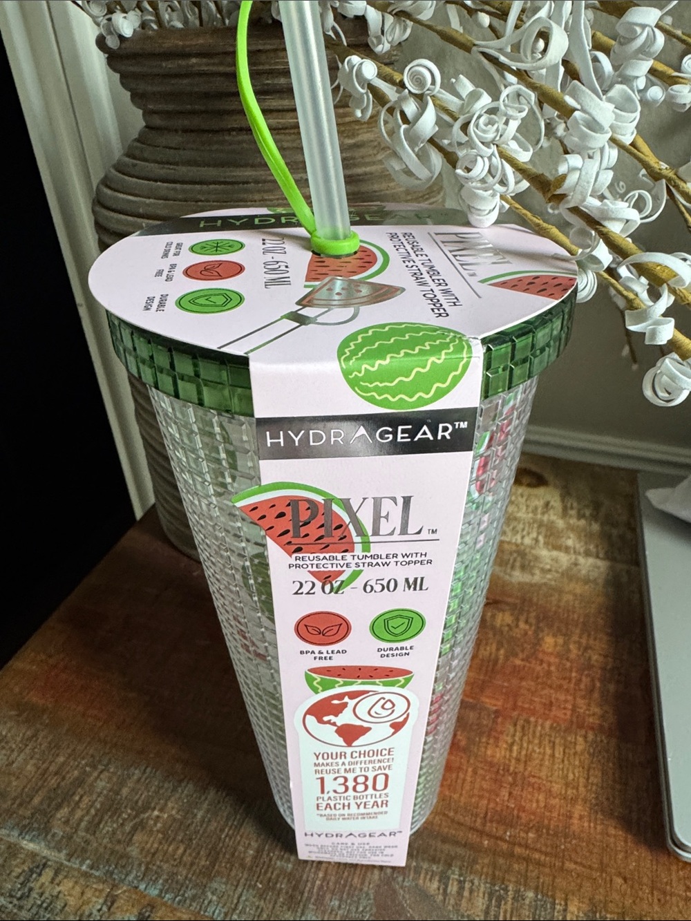 Hydragear 22 oz Watermelon Pixel Reusable Tumbler in Green and Clear